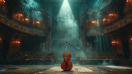 A cello sits alone in a dark auditorium, waiting for its next performance - obrazy, fototapety, plakaty
