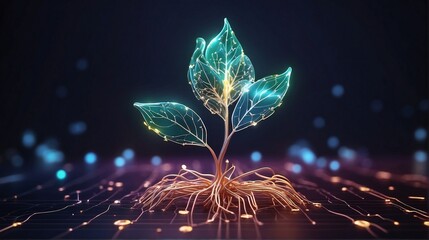 Supper Technology Concept, Glowing plant growing on computer chip representing digital ecology business and blurred background	 - obrazy, fototapety, plakaty