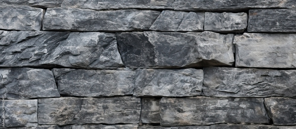 Poster a detailed monochrome photograph capturing the intricate pattern of grey rectangular bricks in a com