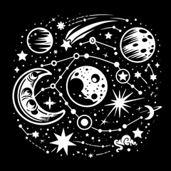 Black and white stencil of cartoon like constellations in space.