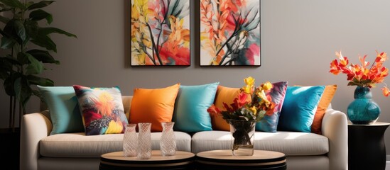 Modern living room decor with colorful cushions, vases, and floral arrangements.