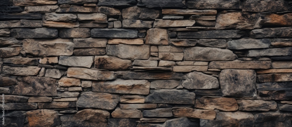 Poster a closeup shot showcasing a stone wall composed of an assortment of rocks and cobblestones, highligh