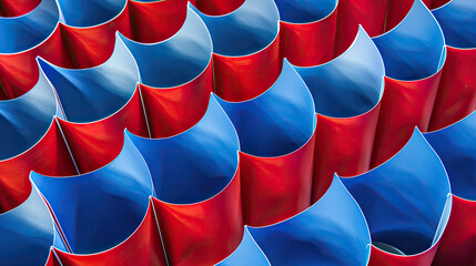 Abstract view of a repetitive pattern of blue and red curved shapes resembling waves or scales