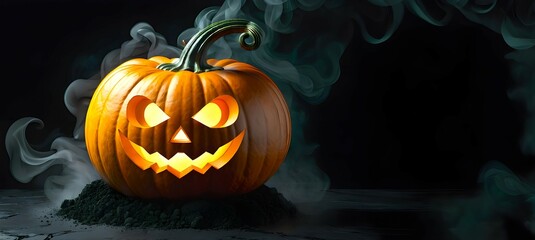 Halloween pumpkin is presented on a dark smoky background