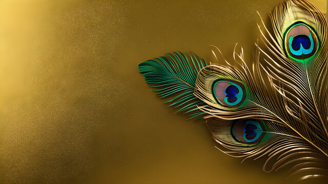 peacock feather close up. gold background peacock feather. festive celebration background. wedding invitation with golden decorative background.