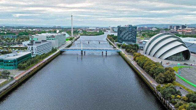 Aerial view of auditorium purpose-built venue, Glasgow's iconic building with its stylish curves by the River Clyde. Scottish Event Campus, Clyde Arc Bridge and SEC Armadillo, in Glasgow, Scotland. 