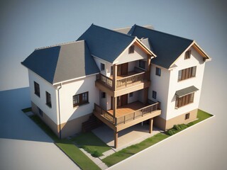 3D rendering of a modern duplex house with balconies on a white background.