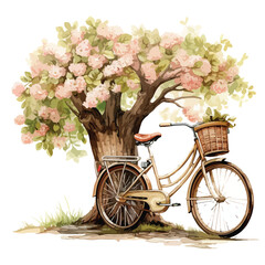 Fototapeta na wymiar Bicycle leaning against a tree with a basket of flower