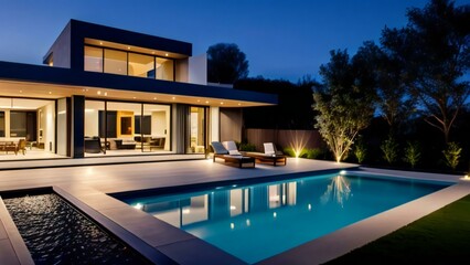 Modern luxury house with pool lit up at twilight.