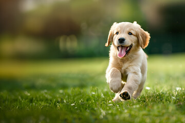 A faithful and loving puppy joyfully runs towards you across an open field.