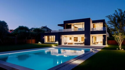 Modern house with illuminated interiors and swimming pool at twilight.