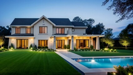 Luxurious modern house with pool at twilight, beautifully lit with a manicured lawn.