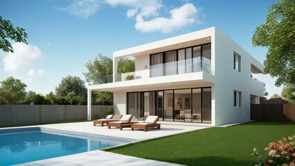Modern two-story house with pool and garden on a sunny day.