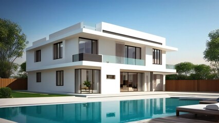 Fototapeta premium Modern two-story house with swimming pool and garden on a sunny day.