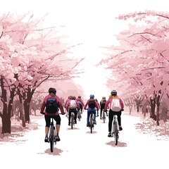 Obraz premium Bicycle tour group riding through a cherry blossom 