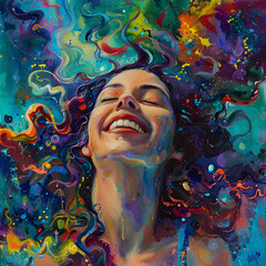 Radiant Joy: A Colorful Portrait of a Laughing Woman by Generative AI