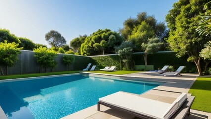 Luxurious backyard with a swimming pool, sun loungers, and well-manicured lawn on a sunny day.