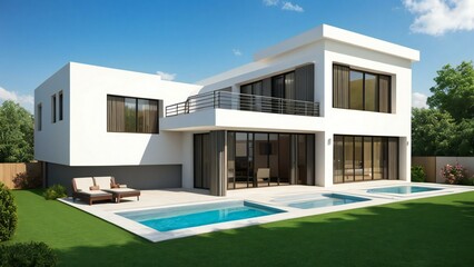 Modern two-story house with pool and garden on a sunny day.