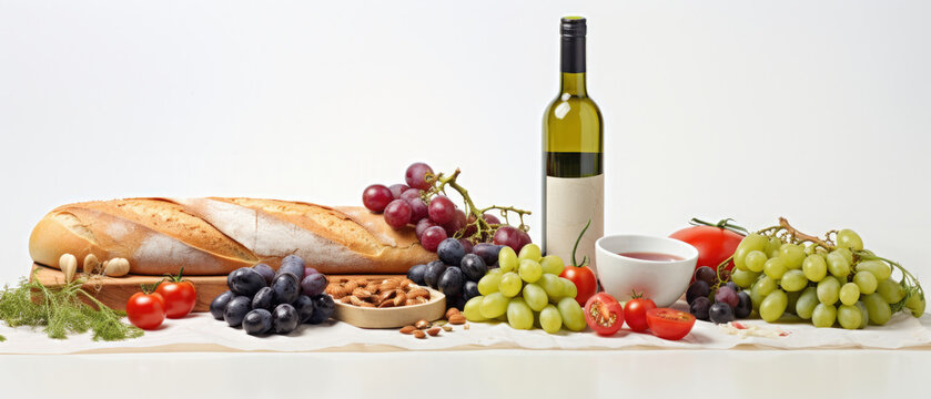 Mediterranean diet with plant foods and healthy fats, fish, vegetables, fruits, whole grains and extra virgin olives on a white background created with Generative AI Technology