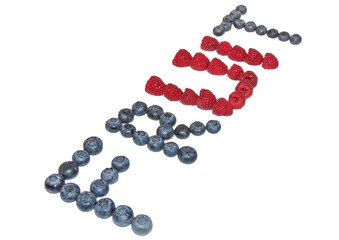 The word fruit made from pieces of raspberry and blueberry