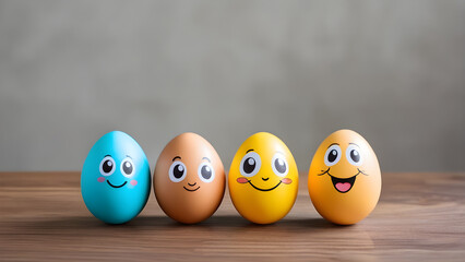 Easter egg character decorations with happy smiling and cute facial expressions. eggs with faces. copy space. Happy Easter banner
