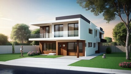 Modern two-story house with balcony at dusk, well-lit with exterior lights, landscaped front yard, and clear sky. - obrazy, fototapety, plakaty