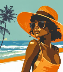 Retro vintage 70s woman at the beach illustration with vibrant colors