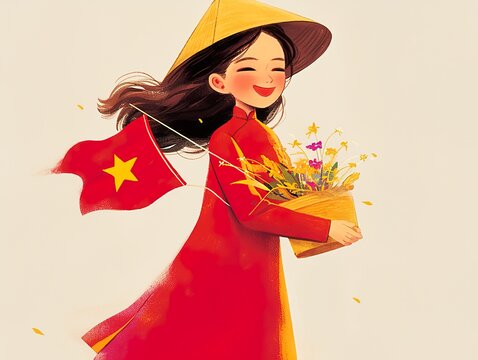 Illustration of children's picture book, a woman in traditional Vietnamese clothing, lotus flowers, flag, with a clean background