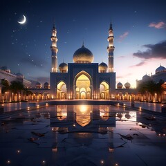 Mosque in night with ramadan kareem sale or eid-ul-fitr or eid-ul-azah moon seeing vector art illustration template design Generative Ai. - obrazy, fototapety, plakaty