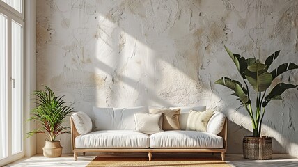 White plaster walls, a sofa, and a plant adorn the inside of this light and airy modern living room.