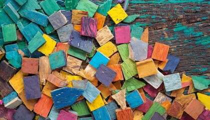 collection of multicolored, textured wooden blocks strewn across an antique wooden background  - obrazy, fototapety, plakaty