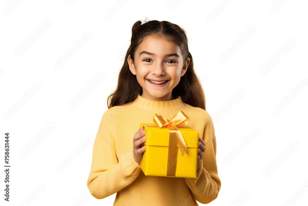 Poster portrait of a happy smiling girl opening a gift box isolated over yellow background this png file wi