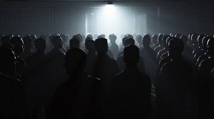 Silhouettes of a mob meeting, figures gathered in secrecy, plotting beneath the cover of darkness. - obrazy, fototapety, plakaty