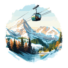 Cable car descending from a mountain resort with snow 