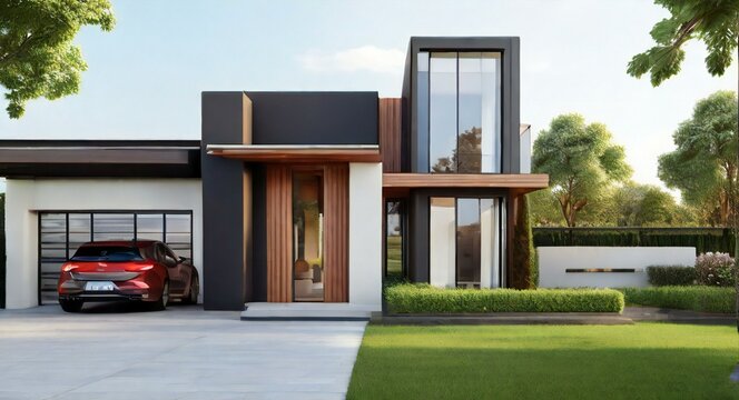 Modern house exterior with a stylish garage door and a luxury car parked outside.