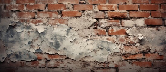 A detailed view of a bedrock brick wall with peeling plaster, showcasing the intricate textures and patterns created by different building materials like soil, rock, and wood