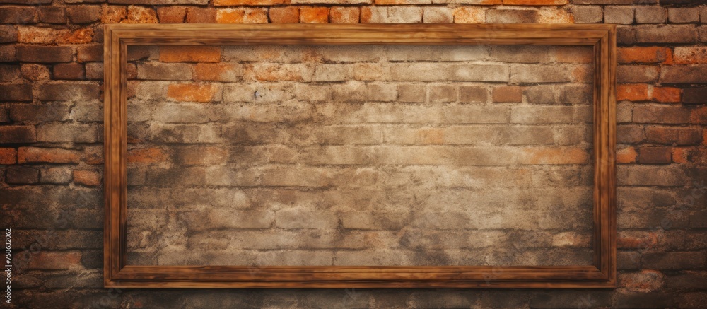 Aufkleber a brown hardwood rectangle frame hangs on a brick wall, complementing the brickwork with its warm to