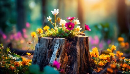 wildflowers blooming from a forest tree stump