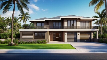 Modern two-story house with palm trees and clear blue sky at dusk. - obrazy, fototapety, plakaty