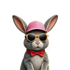 Fototapeta premium cute black easter rabbit wearing sunglasses with red bow tie and pink cap on transparent background