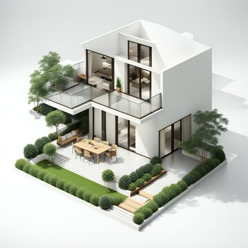 Modern house in a cutaway view, showcasing interior design and landscaping.