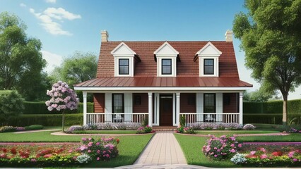Fototapeta na wymiar Charming suburban house with a landscaped garden and clear blue sky.