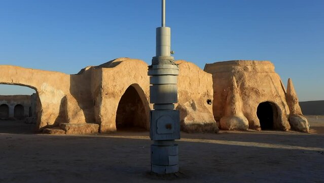 Sunrise at iconic Star Wars filming location with distinctive architecture