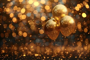 Tres atractivos globos dorados de celebracion, al fondo luces amarillas con efecto bokeh. Imagen...