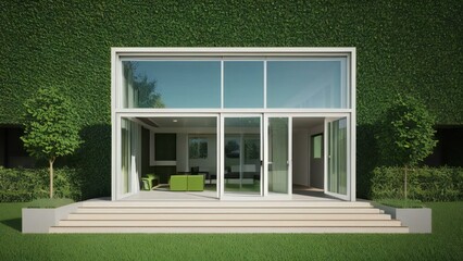 Fototapeta na wymiar Modern house facade with large windows and green living wall, eco-friendly architecture concept.