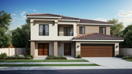 Fototapeta premium Modern suburban house with a well-manicured lawn at dusk, showcasing contemporary residential architecture.