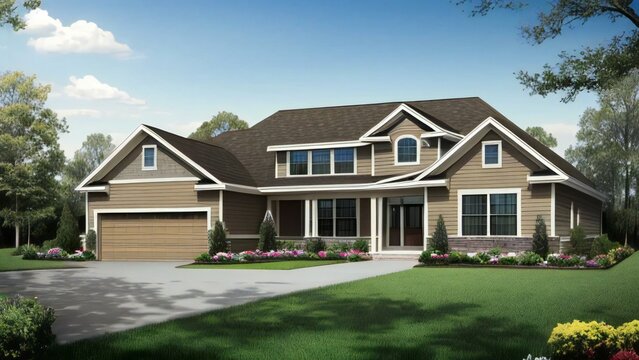 Suburban house with a double garage and landscaped front yard on a sunny day.