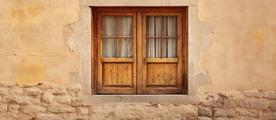 A wooden window, a rectangular fixture, is set on a stone wall of a building. It brings warmth and character to the facade with its wood stain