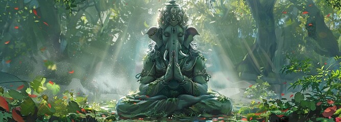 Lord Ganesha in the jungle, meditating in green - obrazy, fototapety, plakaty