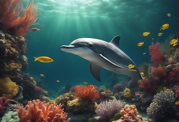 Dolphins Swims Through Vibrant Underwater Marine Life Amid Colorful Ocean Fishes. Generative AI